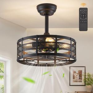 16in Caged Ceiling Fans with Lights and Remote, Black Fandelier Ceiling Fan with 6 Speeds and Timing, Farmhouse Samll Fan Lights Ceiling Fixtures For Kitchen, Bedroom, Outdoor-Black