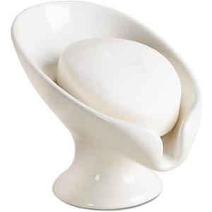Soap Dish, Self Draining Bar Soap Holder for Bathroom Sink, Leaf-Shaped Drainage Ceramic Cream White Porcelain Decorative Soap Dish, ANTIS'S HOME