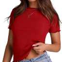 LOMON Women's Crew Neck Short Sleeves T Shirts Ribbed Knit Summer Basic Fitted Tees Lettuce Edge Going Out Tops М