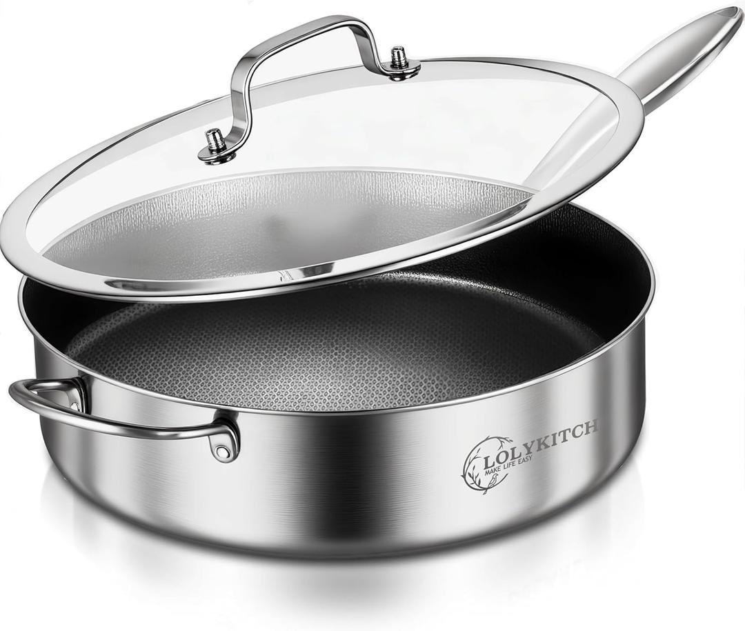 LOLYKITCH 6 QT Hybrid Tri-Ply Stainless Steel Non-Stick Saut Pan with Lid,12 Inch Deep Frying Pan,Large Skillet,Jumbo Cooker,Induction Pan, Oven Safe and Detachable Handle.
