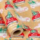 MAYPLUSS Kraft Christmas Wrapping Paper Roll - 17 Inch X 33 Feet - Recyclable Red Vintage Truck with Pine Trees Kraft Festive Winter Gift Wrap Paper Sheet for Christmas, Holiday, Party Decor, New Year