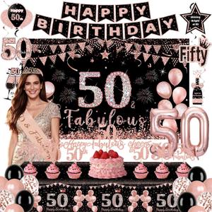 50th Birthday Decorations for Women, Rose Gold 50 & Fabulous Birthday Party Supplies, Includes Crown, Sash, Banner, Backdrop, Balloons, Cake Topper, Tablecloth, 50th Birthday Gifts for Women