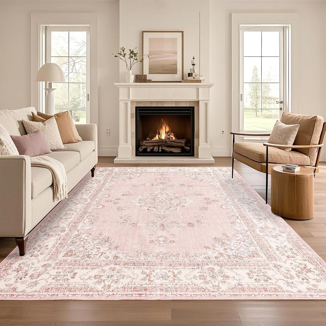 6x9 Area Rugs Washable: Oriental Soft Area Rug for Bedroom Living Room No Shedding - Low Pile Thin Carpet for Dining Room Non Slip - Boho Vintage Home Decor - Soft Pink