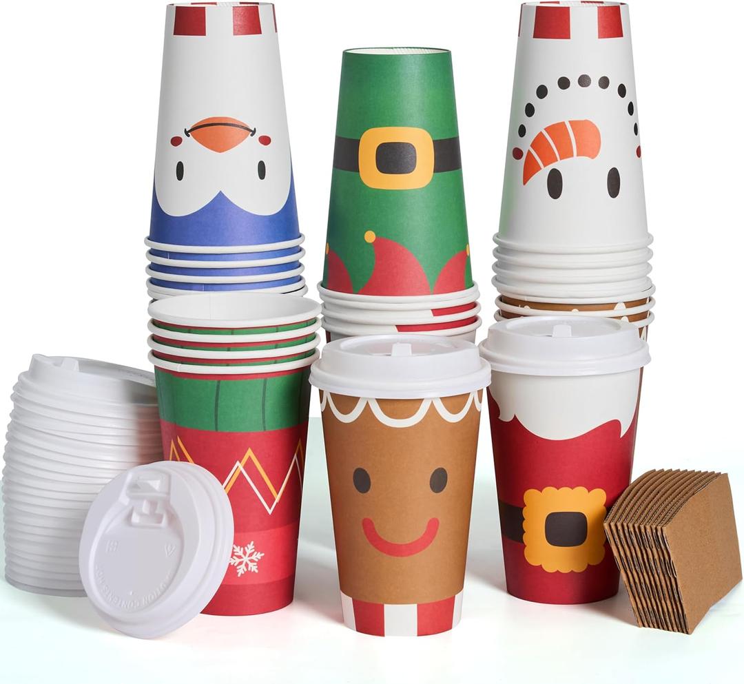 JOYIN 72 Pcs Christmas Disposable Cups with Sleeves and Lids, 4 Designs Xmas Drinkware 16 oz Paper Cup For Hot Chocolate Coffee Cold Beverage Tableware Holiday Winter Party Supplies Decoration