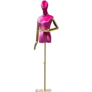 Female Rose Red Velvet Dress Form Mannequin, Woman Dark Shinning Velvet Half Body Torso with Golden Arms, 1 Color (Rose Red)