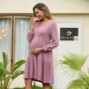 GINKANA Womens Maternity Sweater Dress for Winter Long Sleeve Elegant Babydoll Dresses Flowy Fashion for Photo, Pink, M