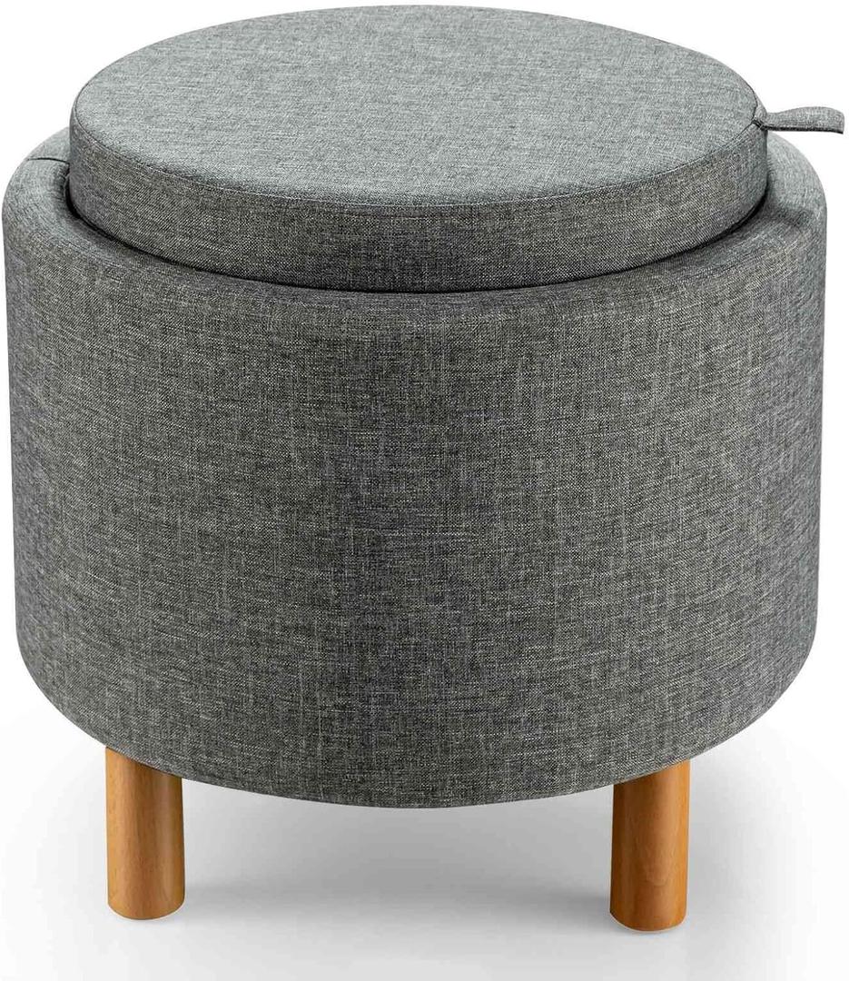 SlickBlue Round Storage Ottoman with Removable Lid, Tray, and Soft Cushion Seat (Grey)