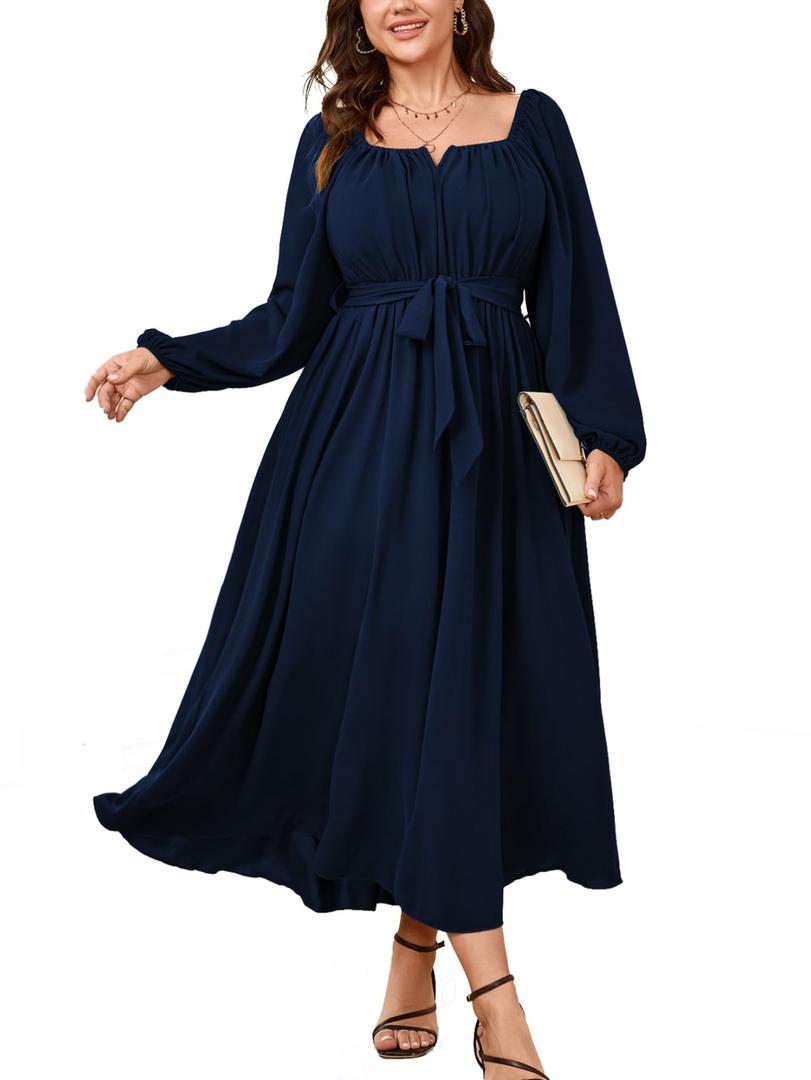 SCOMCHIC Women Plus Size Maxi Dress Long Sleeve Square Neck Wedding Guest Cocktail Belted Elegant Flowy A Line Long Dresses, Size L