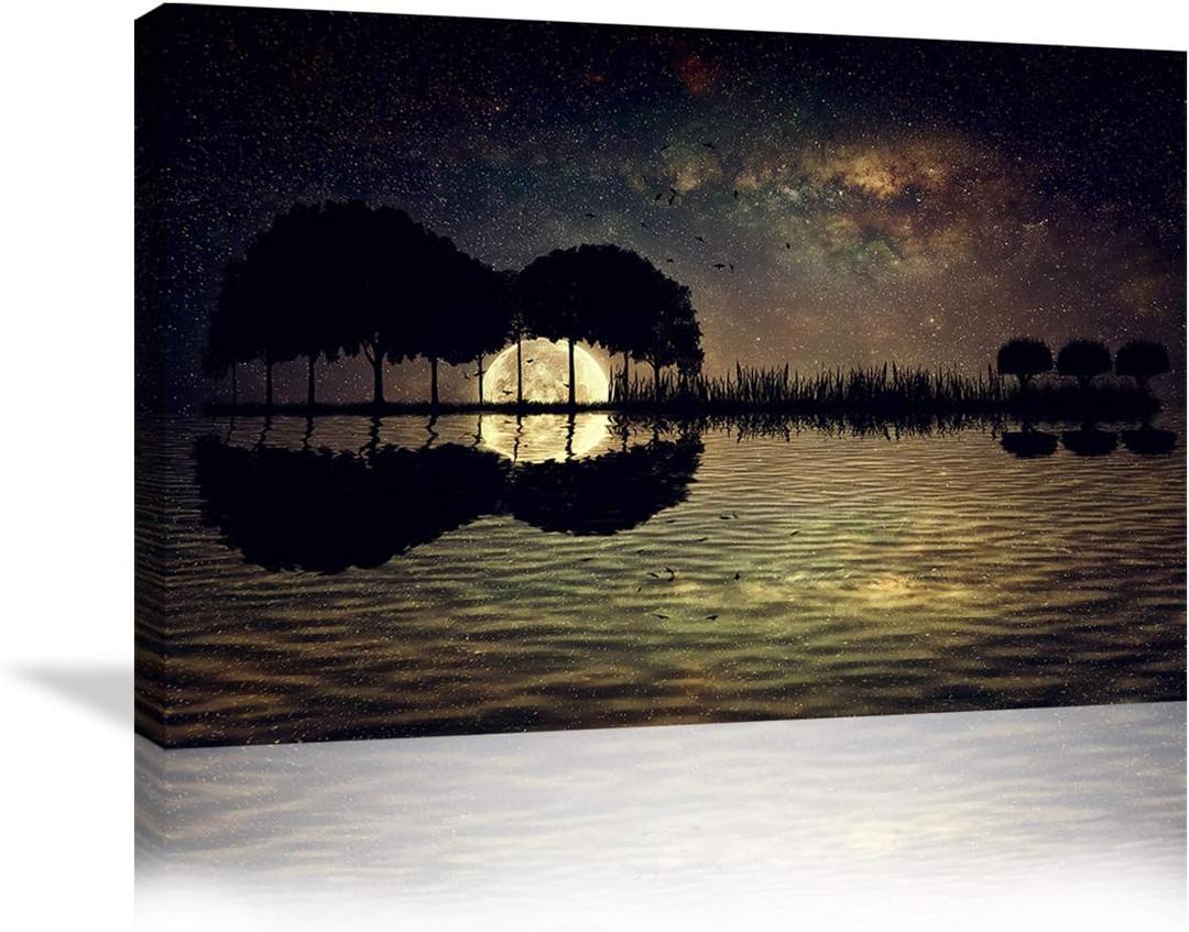 Urttiiyy Abstract Guitar Trees Arranged in a Shape of a Guitar on a Starry Sky Background in a Full Moon Night Guitar Canvas Wall Art Modern Home Music Decor Framed Ready to Hang, 36"L x 24"W