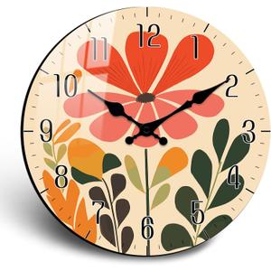 Colorful Floral Wall Clock, 10 Inch Boho Analog Wall-Clock Decorative, Farmhouse Wooden Clocks Battery Operated, Silent Clocks Non-Ticking for Bedroom Kitchen Living Room Home Dcor (Black White Marble Texture)