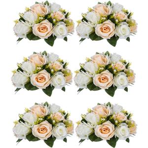 NUPTIO 6 Pieces Champagne White Fake Flower Ball Arrangement Bouquet 15 Heads Plastic Roses with Base, Suitable for Wedding Centerpiece Flower Rack for Parties Home Dcor