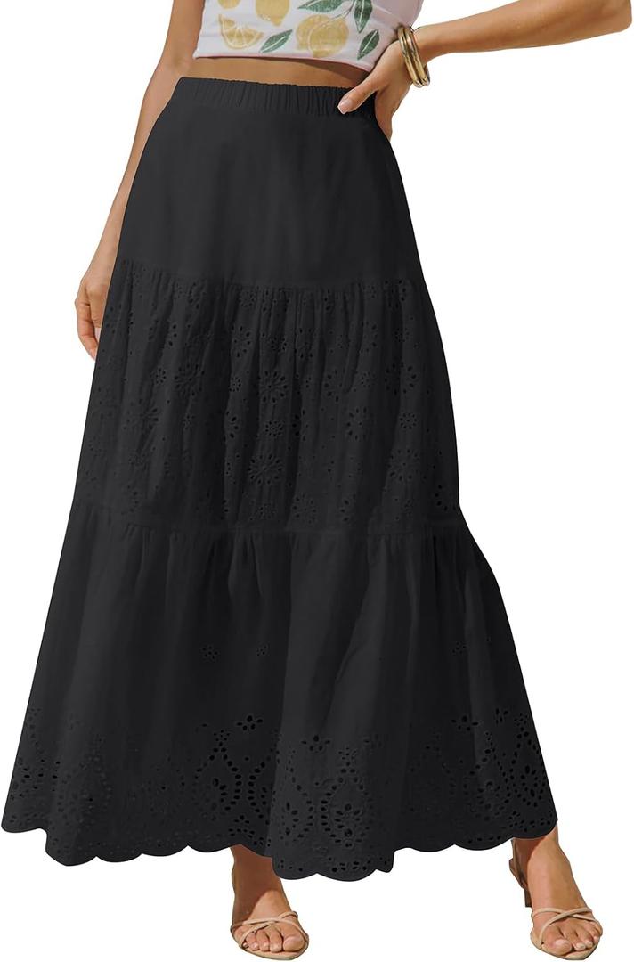 Aoudery Maxi Skirts for Women Flowy Boho Casual Long Skirt Western Crochet Cotton High Waisted Ruffle Tiered Fall Outfit (Black)