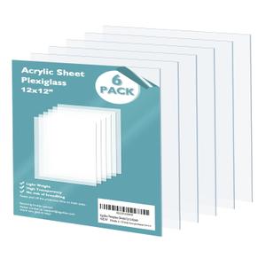 Egofine Plexiglass Sheets Acrylic Sheets 6 Pack of 12x12 0.04 Thick Clear Plastic Cast Transparent Plexi Glass for Crafting Projects, Replacement Picture Frame Glass, DIY Display, Easy to Cut