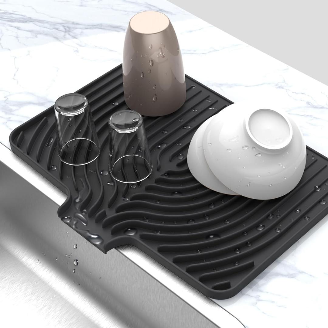 Silicone Drying Mat for Kitchen Counter , Dish Drying Rack Matt with Built in Drain, Small Dry Mats for Dishes Drying Pad for Kitchen Counter (1812inch, black)