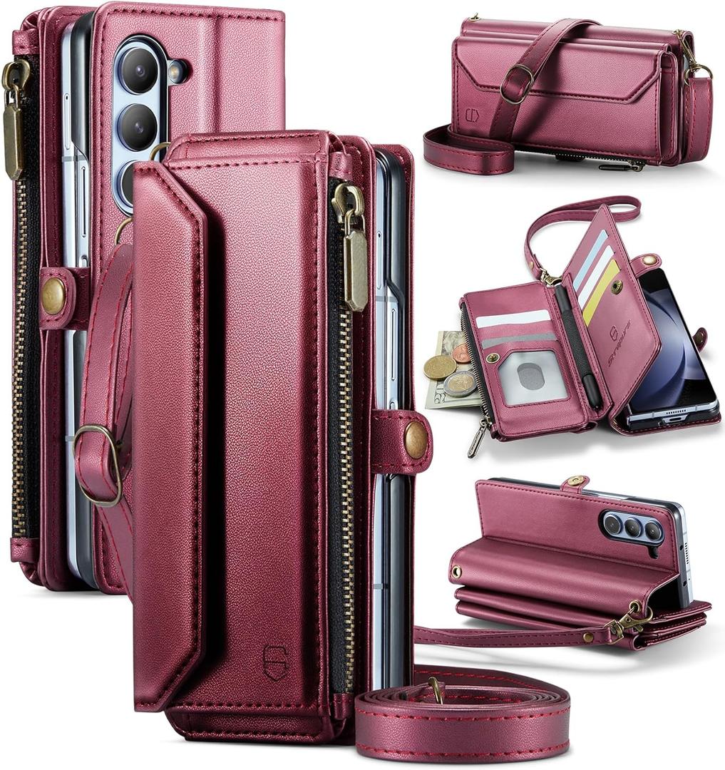 Crossbody Wallet Case Compatible with Samsung Galaxy Z Fold 5 with RFID Blocking Card Holder & Pen Holder Slot Soft PU Leather Shoulder Strap Zipper Pocket Purse Fold 5 Phone Case, Wine Red