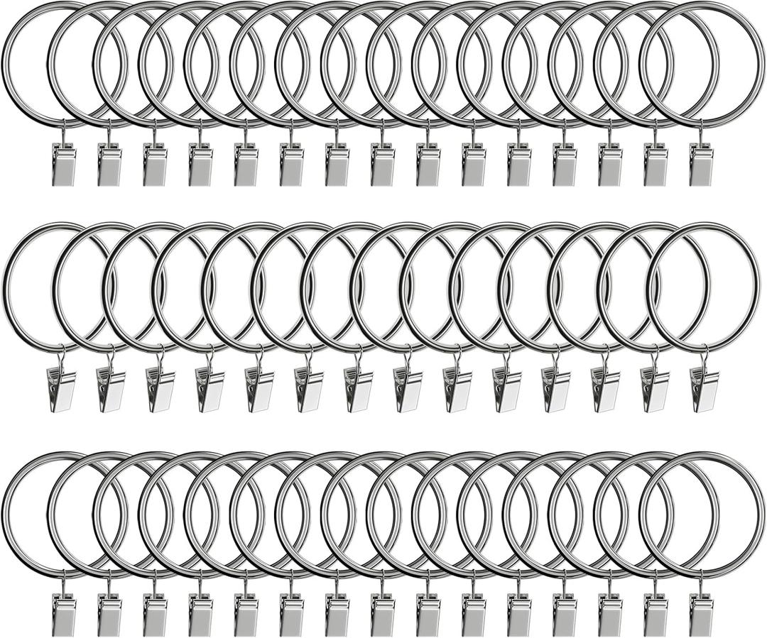 44pcs Curtain Rings with Clips Hooks, 2 inch Metal Stainless Steel Drapery Rings Hanger Clips for Tension Rod Bracket Eyelets Decorative Hangers, Silver (2" Interior Diameter)