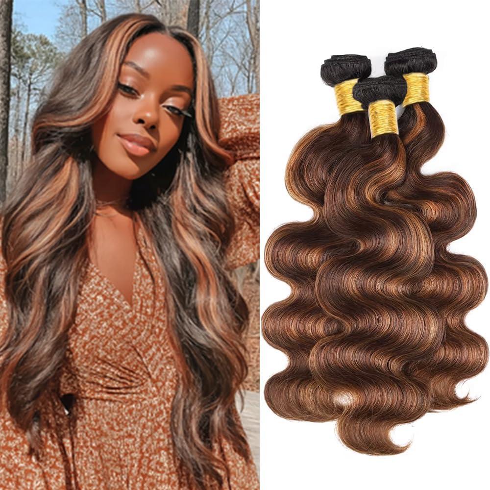 BilltiiWW 1BP430 Body Wave Bundles Highlight Body Wave Bundles Brown and Light Brown two tone Brazilian Hair Soft and Silky for Black Women 08 10 12 Inch