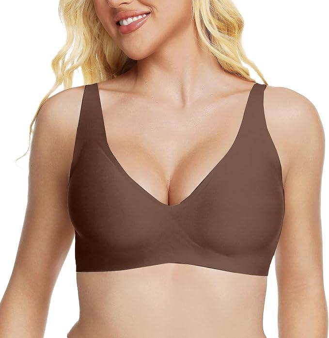 Jelly Wireless Bra Deep V Push Up Seamless T-Shirt Comfortable Plunge No Underwire Bras with Adjustable Straps Everyday Bras (Brown) M