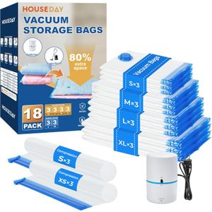 HOUSE DAY 18 Pack Vacuum Storage Bags with Electric Pump, Valve, Space Saver Vacuum Seal Bags for Clothing, Comforters, and Travel Essentials 3 Jumbo,3 Large,3 Medium,3 Small/3 Small,3 XS Roll Up Bag