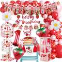 214PCS Berry First Birthday Decor Strawberry 1st Birthday Decorations for Girls Include Balloons, Balloon Boxes, Photo Banner, Crown, Cake Topper, Poster, Plate, Napkin, Cup and Plastic Forks