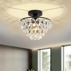 Close to Ceiling Light Fixtures Mini Crystal Flush Mount Ceiling Light Chandelier Modern Indoor with E26 Base Hallway Bedroom Bathroom Entryway Kitchen (Black) (3-layer)