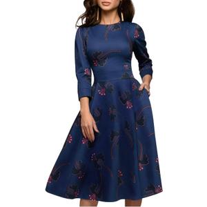 Simple Flavor Women's Floral Evening Flare Vintage Midi Dress 3/ 4 Sleeve (0658BL, S)