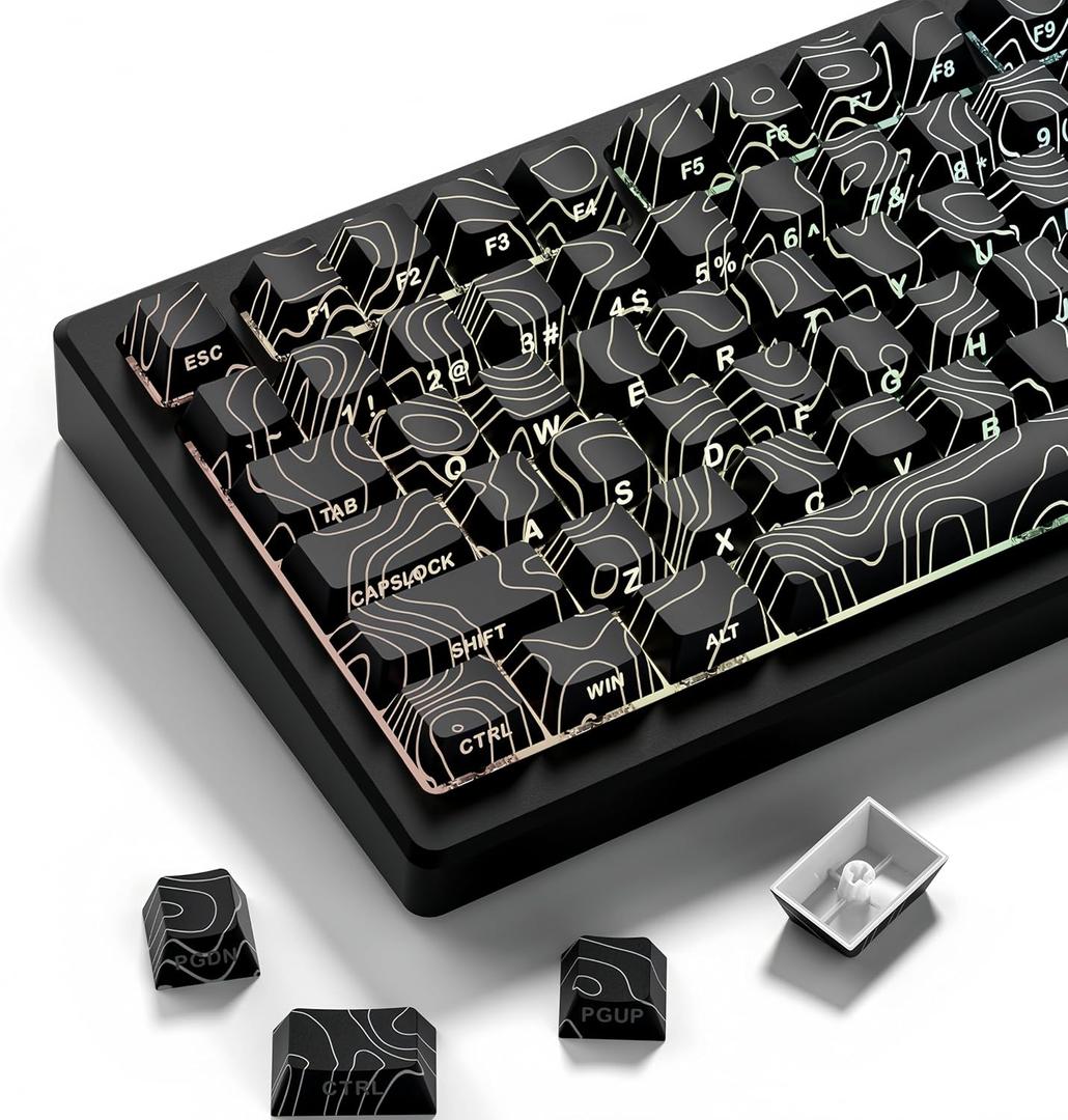 Dagaladoo Double Shot PBT Keyboard keycaps Set,Black Topographic,Shine Through Custom keycap,Side Printed keycaps dye sub,Cherry Profile keycap for TKL US Layout Mechanical Keyboard(134keys)