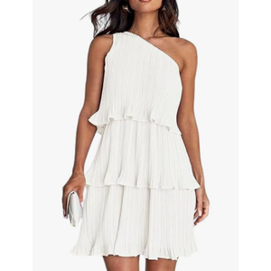 ELFTOWN Women's Summer Sleeveless Mini Dress Boho One Shoulder Ruffle Tiered Layered Chiffon Flowy Pleated A Line Dress Size L