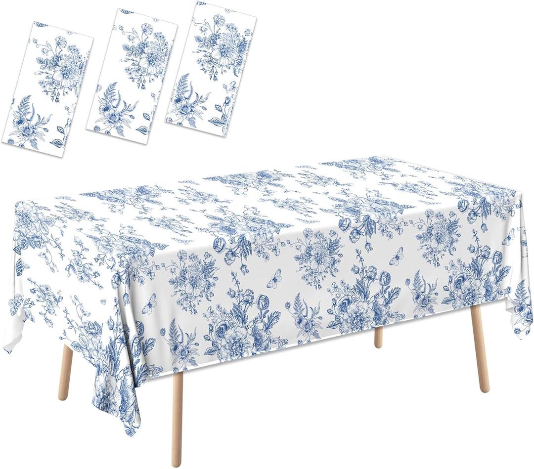 HAKOTI Blue Floral Tablecloth, 54 x 108 Inch Vintage Blue Toile Tablecloth Floral Disposable Tablecloth Blue Flower Tablecloth Blue and White Floral Table Cloth for Wedding Bridal Tea Party