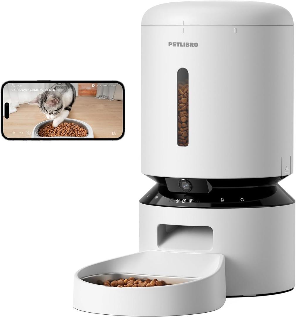 PETLIBRO Automatic Cat Feeder with Camera, 1080P HD Video with Night Vision, 5G WiFi Pet Feeder with 2-Way Audio, Low Food & Blockage Sensor, Motion & Sound Alerts for Cat & Dog Single Tray (White)