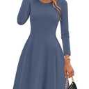 ZESICA Womens Long Sleeve Mini Dress 2026 Fall Crewneck Pleated Babydoll A Line Flowy Wedding Party Short Dresses,Dusty Blue,Large