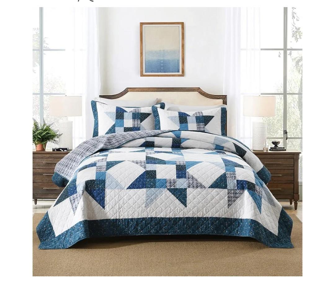 Cotton Quilt Bedding Sets 3 Pieces Soft Reversible Coverlets Luxury Star Real Patchwork Bedspread, Blue White, Queen Size