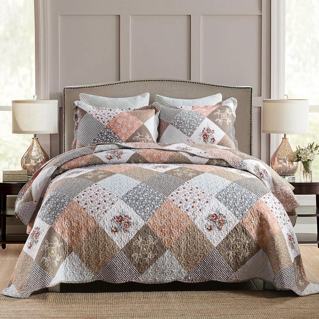 HoneiLife Quilt Set Queen Size - 3 Piece Microfiber Quilts Reversible Bedspreads Patchwork Coverlets Floral Bedding Set All Season Quilts,Mocha Rose-Queen/Full Size (Brown)