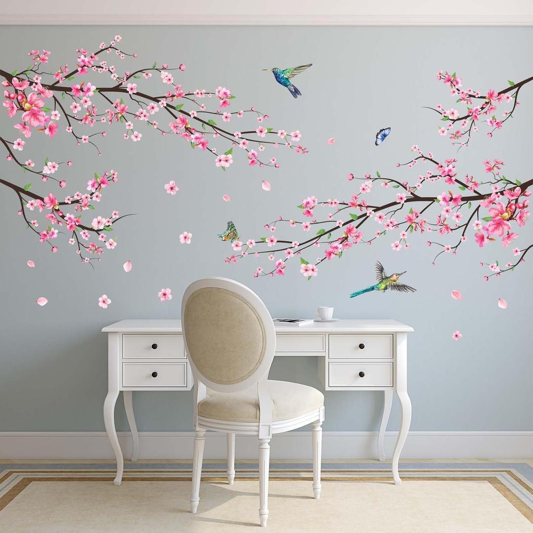 Pink Watercolor Cherry Blossom Wall Stickers - Tree Branch Flower Birds Wall Decals - Bedroom Living Room Sofa TV Background Home Wall Decor (Large)