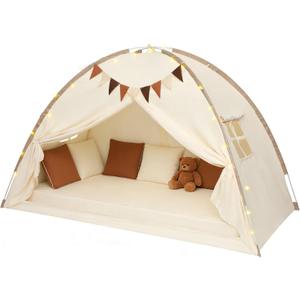 Redants Twin Bed Tent Canopy, Indoor Blackout Privacy Toddler Bed Tent for Kids with Light, Portable Sleeping Floor Kids Playhouse (Cream, Twin Size)