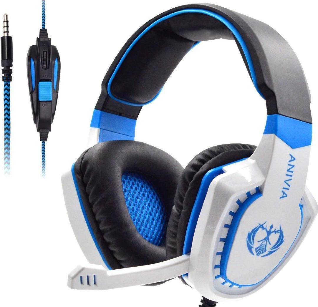 Stereo Gaming Headset for PC, Surround Sound Noise Isolation Wired Over Ear Headphones with Mic, Deep Bass, Soft Memory Earmuffs for Laptop Desktop Computer (White Blue)