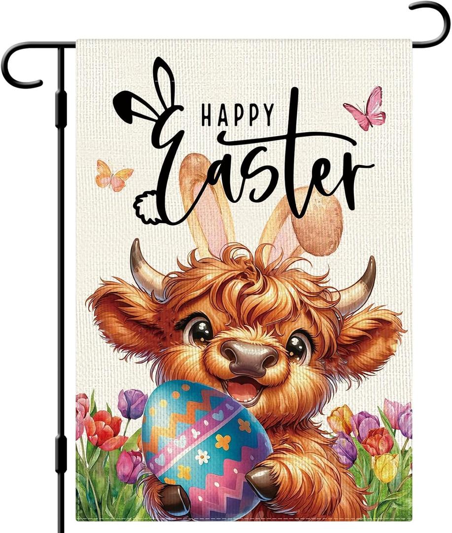 DLZDN Happy Easter Highland Cow Bunny Garden Flag 12×18 Inch Double Side Vertical Burlap Farmhouse Yard Sign Spring Holiday Outdoor Decoration