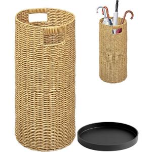 Rattan Umbrella Holder 20.8" H X 10" D,Handmade Wicker Umbrella Stand Indoor with Dip Tray,Sturdy Umbrella Holders for Entryway,Umbrella Bucket Fits Mudroom,Walking Canes,Home,Office (Oak)
