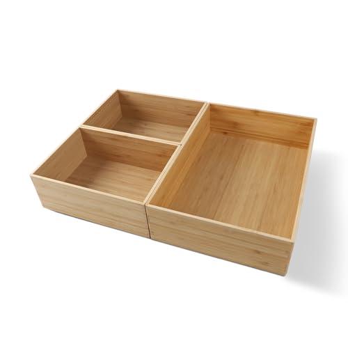 3-Piece Large Bamboo Storage Box Set, 3.1 in High Stackable Deep-Drawer Organizer for Kitchen Cutlery, Cookware, Utensils & Knives, Exquisite Durable Lidless Wooden Bin (14.6"x10.2"*1+10.2"x7.3"*2) 3-Piece Large Bamboo Storage Box Set, 3.1 in High Stackable Deep-Drawer Organizer for Kitchen Cutlery, Cookware, Utensils & Knives, Exquisite Durable Lidless Wooden Bin (14.6"x10.2"*1+10.2"x7.3"*2)