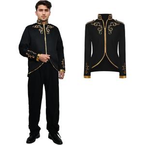 Prince Jacket for Men, Court Fashion Prince Uniform Gold Embroidered Suit Jacket Medieval Costume Halloween Cosplay (Black, XXXL)