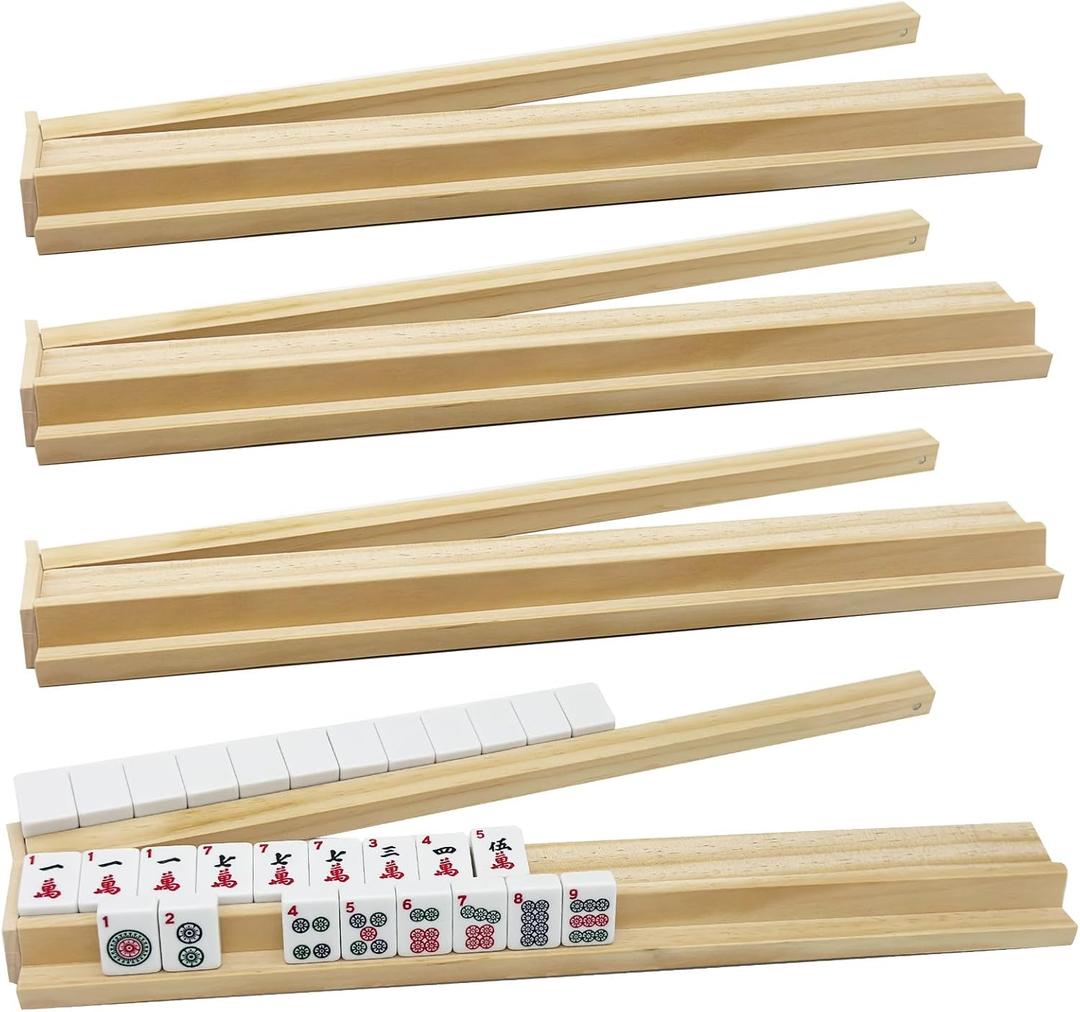 Wooden Mahjong Racks with Pushers, 17.4 inch Set of 4 Mahjong Rack Wood for American Mahjong, Mahjong All-in-One Tile Rack & Pusher, Mahjong Rack and Pusher Combo