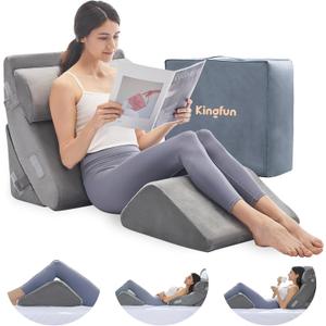Kingfun 4pcs Orthopedic Bed Wedge Pillow Set for Sleeping, Memory Foam for Sleeping,Breathable Triangle Pillow Wedge, Post Surgery Memory Foam for Back, Leg Pain Relief, Sitting (Grey)