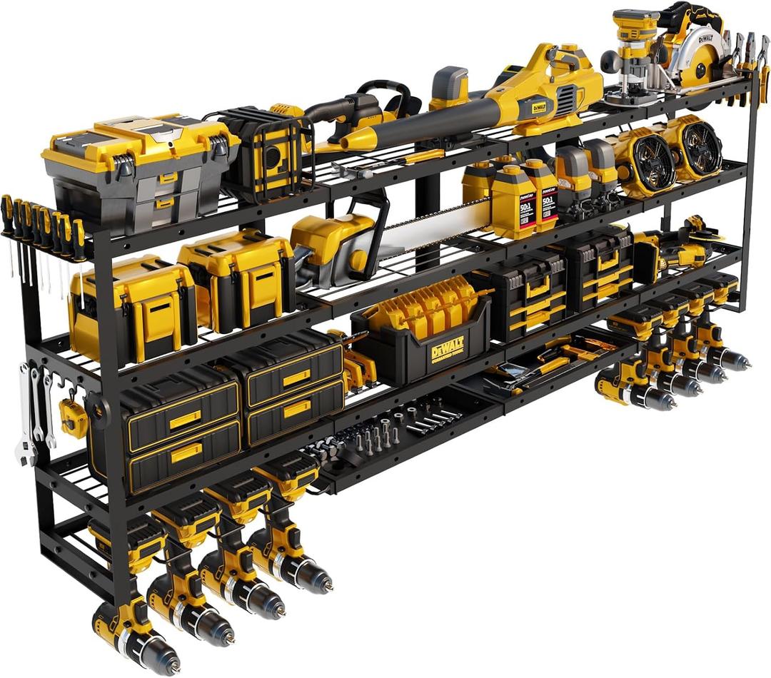 XLarge 64''W Power Tool Organizer Wall Mount | Modular & Corner-Fit 820lbs Garage Storage Rack with 8 Cordless Drill Holder | 4-Tier Heavy Duty Utility Shelf for Battery Workshop Organization