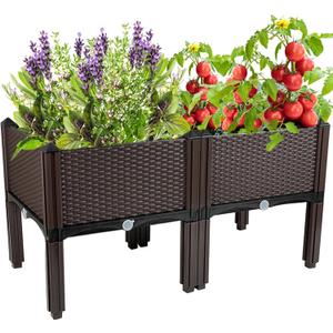 Raised Garden Bed with Legs Plastic Elevated Planters for Outdoor Plants Box Kits for Garden Patio Deck Balcony with Drainage Holes to Planting Flowers, Vegetables, Tomato and Herbs (31.5"(l)x16"(w)x17.3"(h)/Brown)