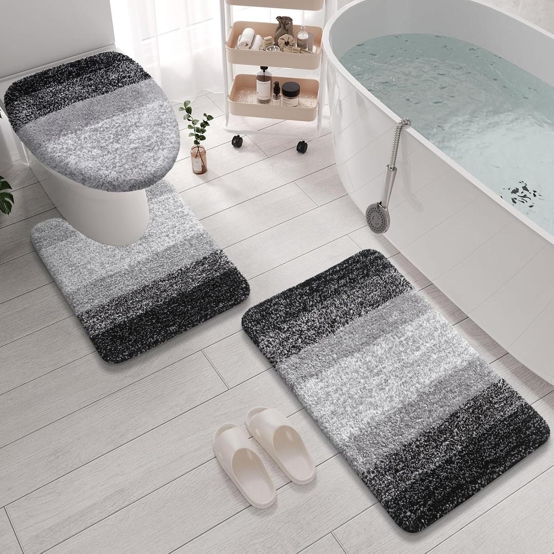 Arotive Microfiber Bathroom Rugs 3 Piece with Toilet Lid Cover, Shaggy Soft and Absorbent Bath Rug, Non-Slip, Machine Washable Bath Mats for Bathroom24x16+24x20+17.5x15, Black