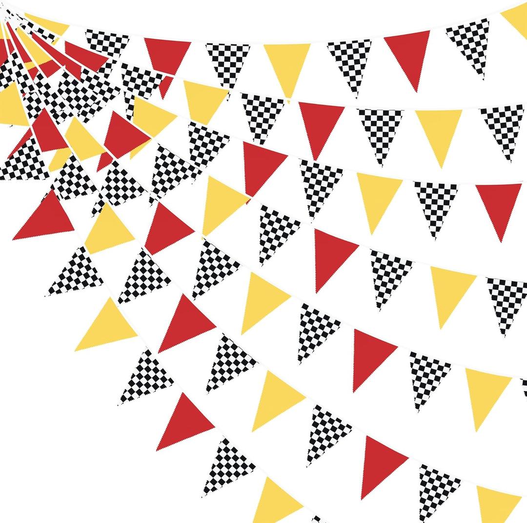32Ft Racing Car Party Decorations Red Yellow Black White Checkered Race Car Triangle Flag Pennant Banner Fabric Garland Streamer for Kids Birthday NASCAR Theme Party Baby Shower BBQ Bar Outdoor Decor