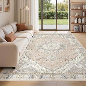befbee 5x7 Area Rugs for Living Room,Stain Resistant Washable Rug,Non-Slip Backing Rugs for Bedroom,Kitchen,Printed Vintage Home Decor Rug (Peach/Gray, 5'x7')