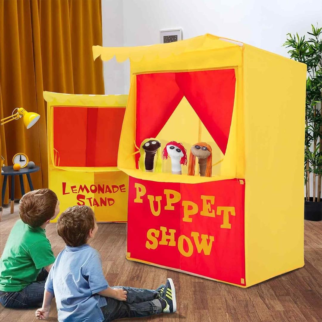 Alvantor Lemonade Stand Puppet Show Theater Pretend Playhouse Play Tent Kids On Stage Doorway Table Top Sets for Toddlers Curtain Fordable Rods Children Dramatic Furniture, 28"x20"x41"H
