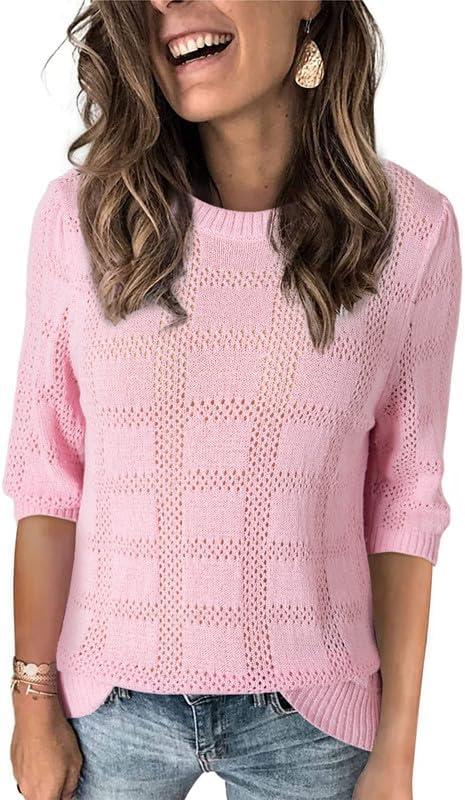 Dokotoo Women's Casual Short Sleeve Loose Tunic Tops Lightweight Crochet Knit Summer Sweaters Blouses (Pink, XL)