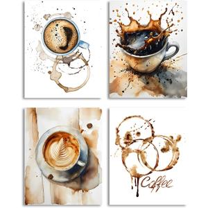 Coffee Print Wall Art, Watercolor Brown Coffee Wall Art Canvas for Office, Kitchen or Cafe Canvas Prints, Set of 4 - (8" x 10", Unframed)